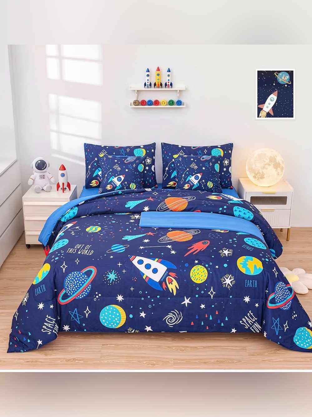 Space Adventure Kids Comforter Set - Navy Rocket Bedding